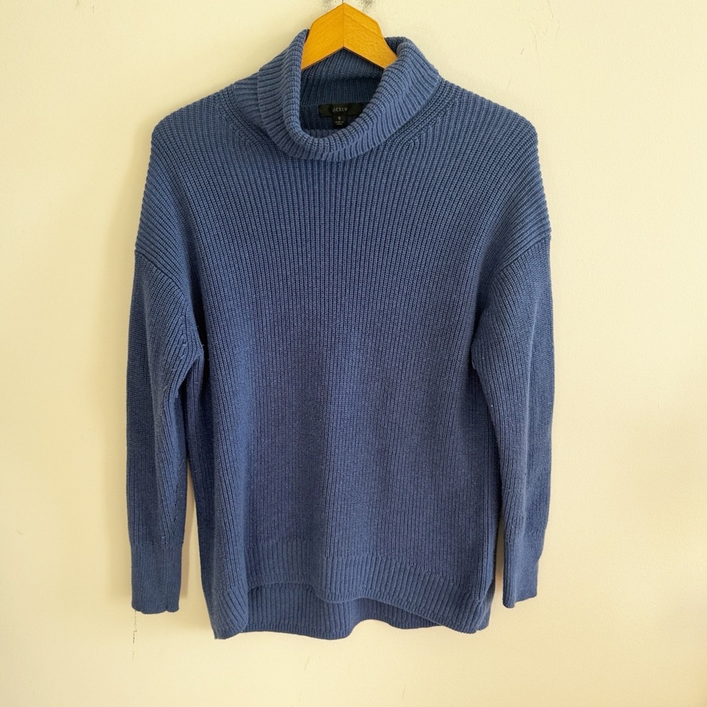 J.crew blue Ribbed cotton cashmereblend relaxed turtleneck sweater size small - Picture 2 of 7